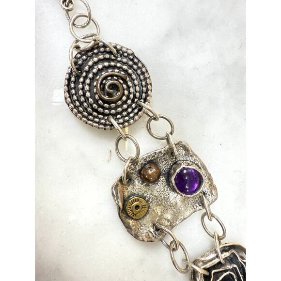 VTG Estate Sherry Tinsman Sterling Silver Bracelet W/ Amethyst & Amber Stones - Picture 2 of 7